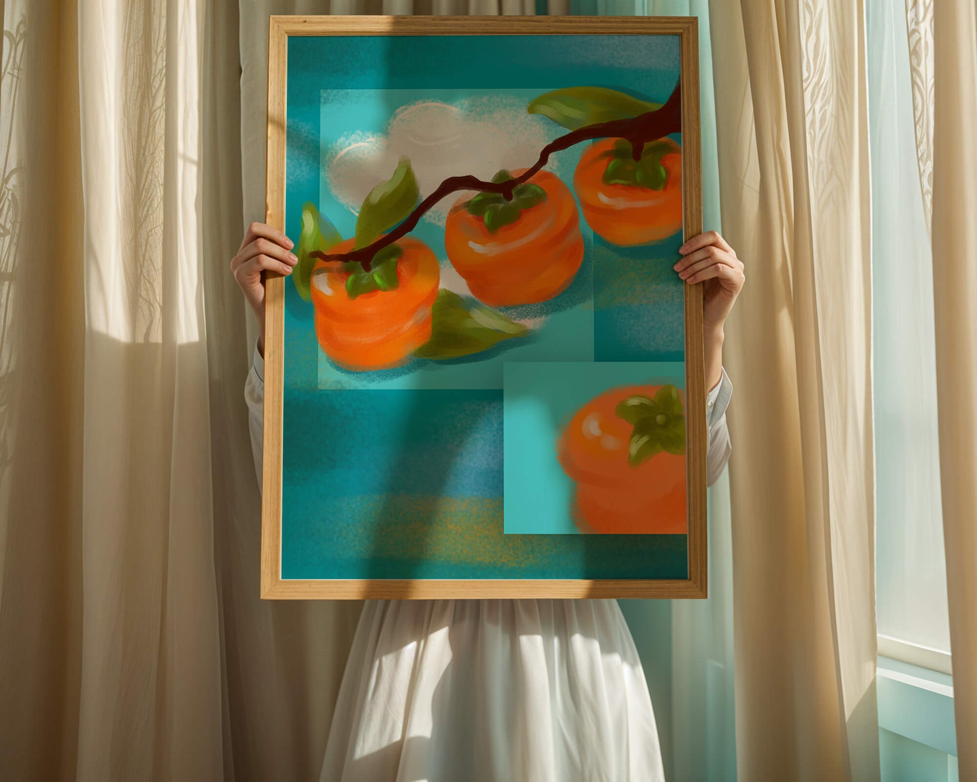 Vibrant persimmons on a branch with a blue background