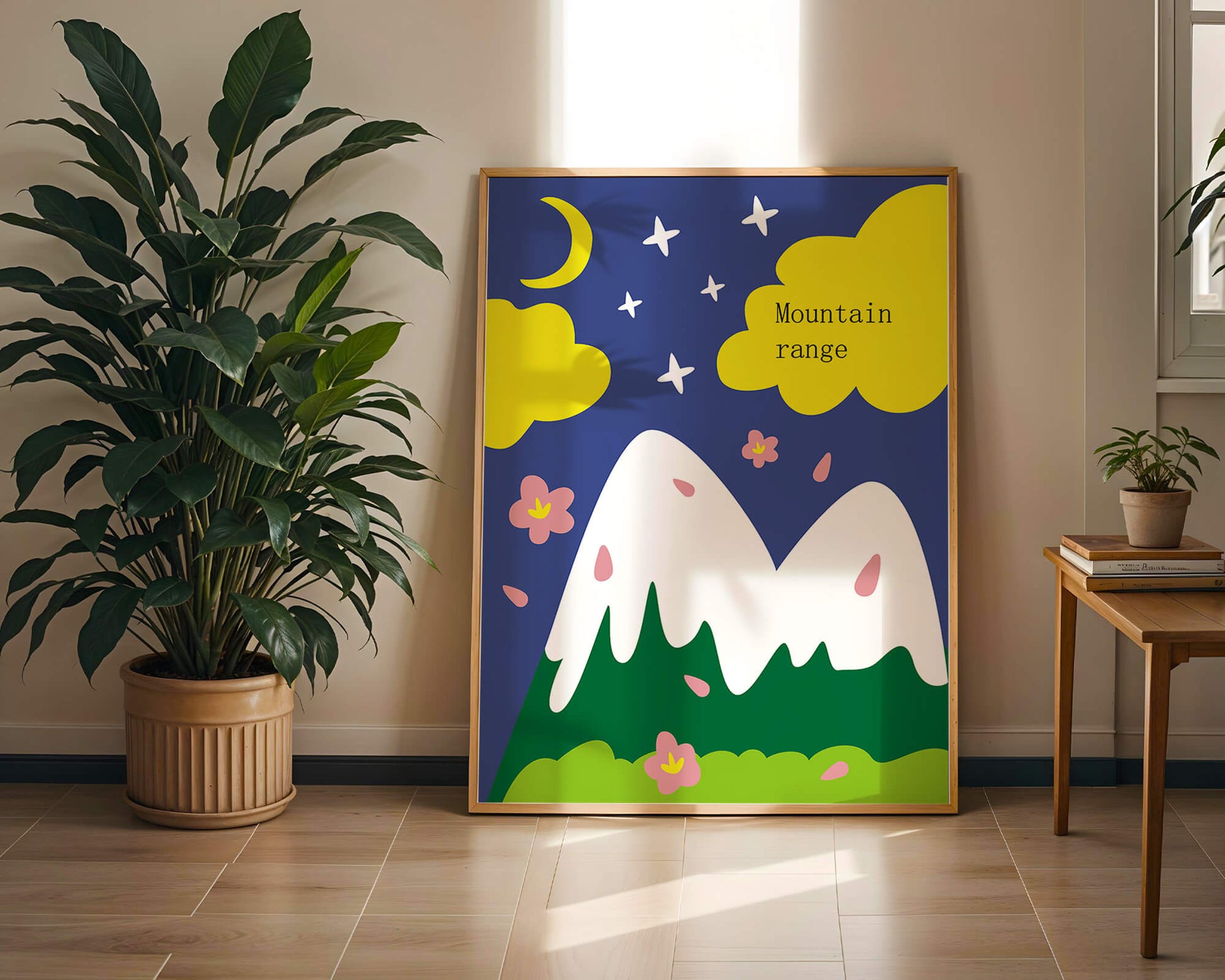 Stylized mountain landscape with starry night background and vibrant clouds