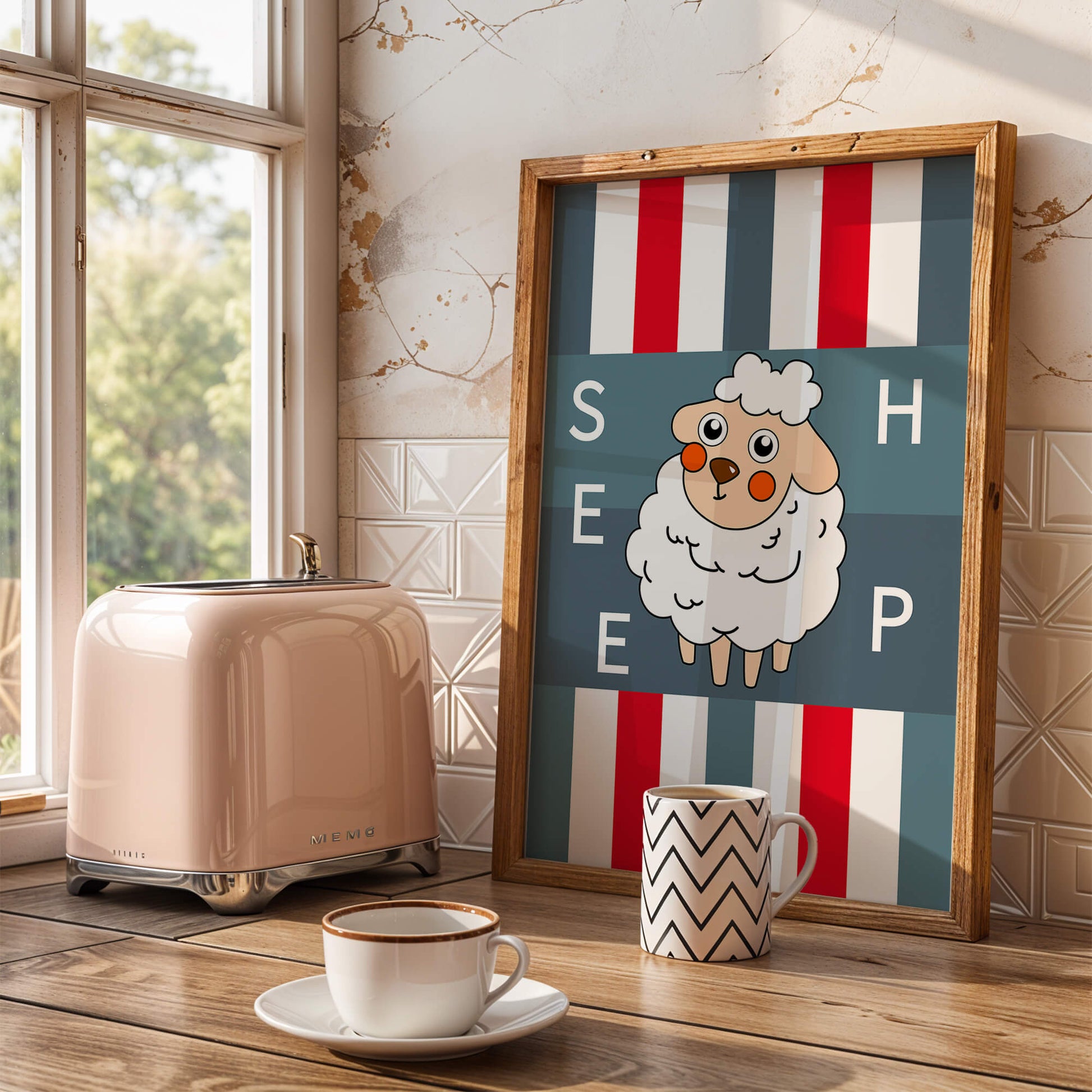 Playful sheep illustration on striped background