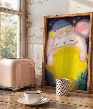 Sleepy rabbit with starry hat holding a glowing ball in a dreamy night scene