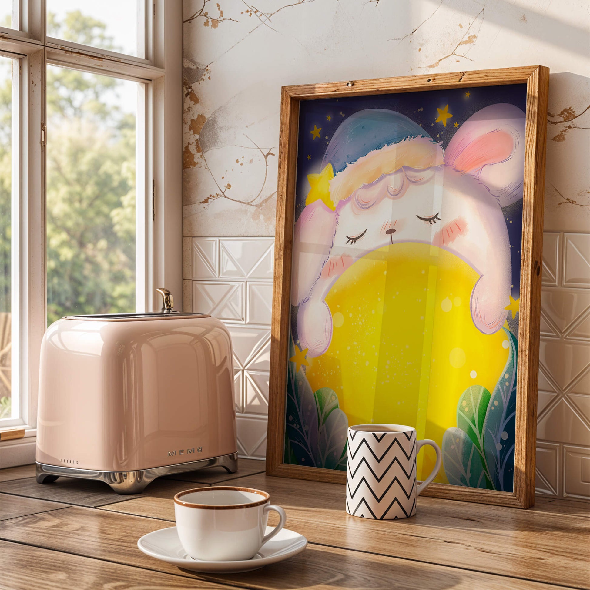 Sleepy rabbit with starry hat holding a glowing ball in a dreamy night scene