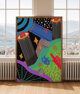 Œuvre d'art psychédélique abstraite colorée avec des formes géométriques et des yeux