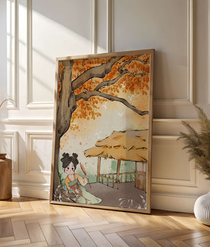 Escena de otoño con ilustración en estilo asiático tradicional