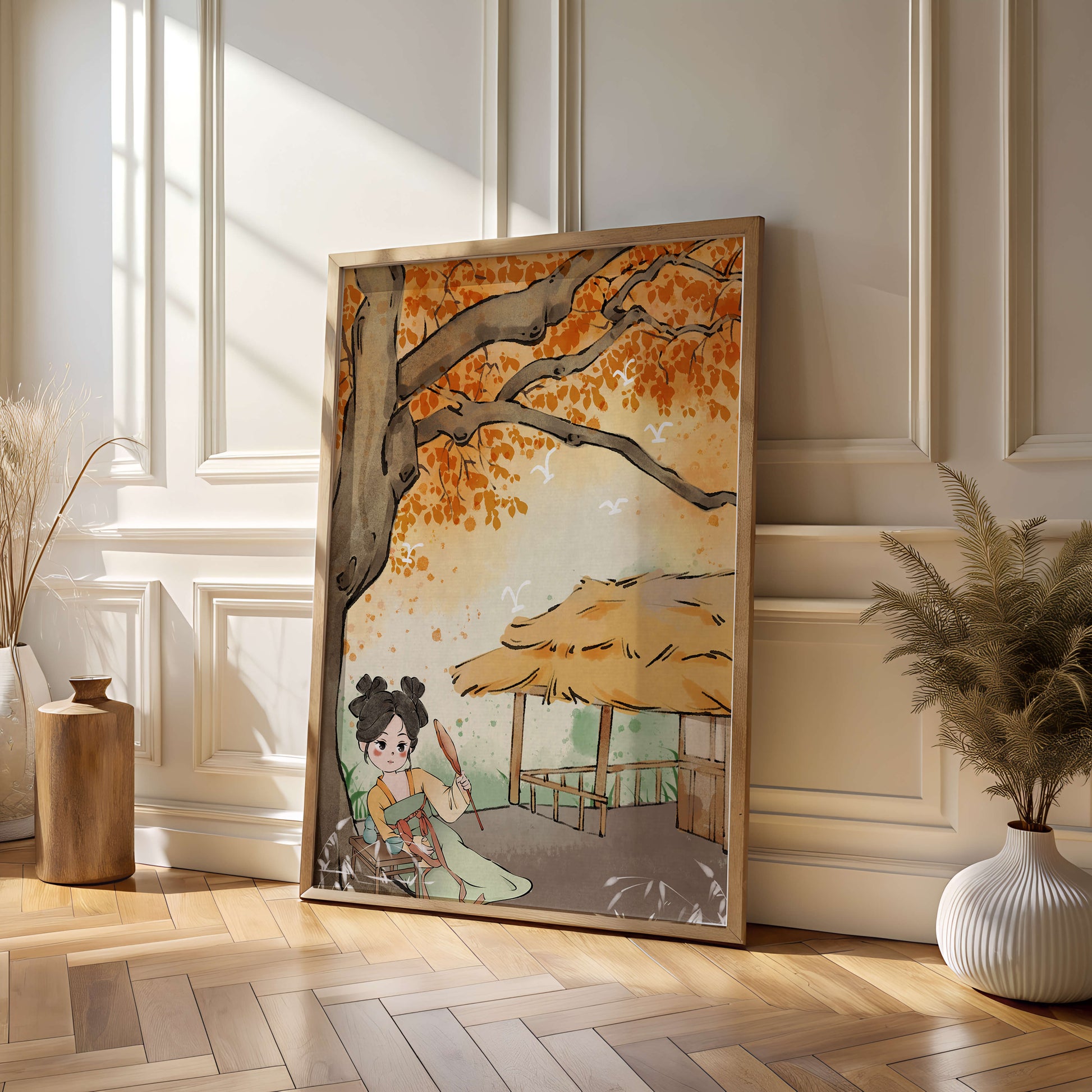 Escena de otoño con ilustración en estilo asiático tradicional