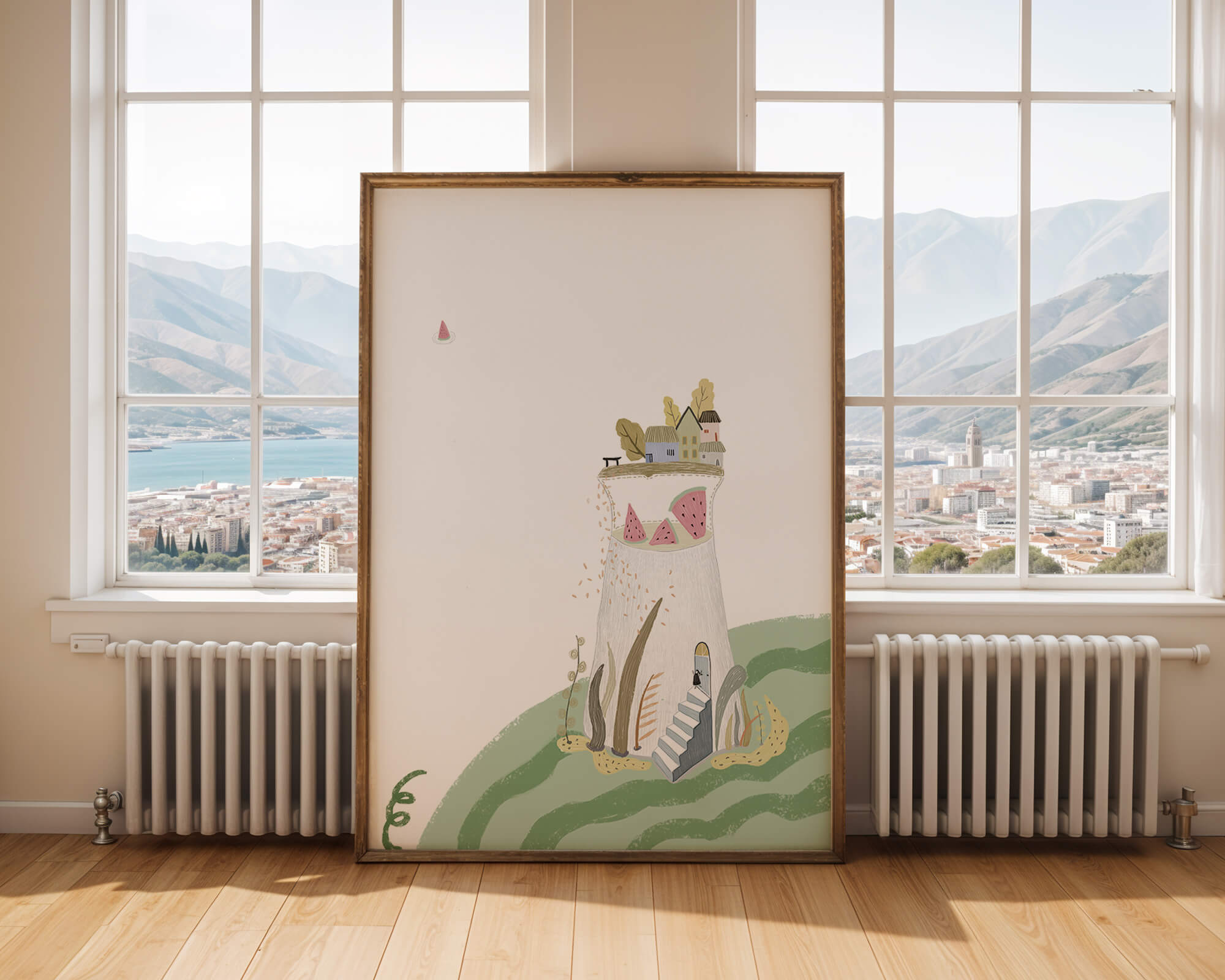 Whimsical Landscape with Fantasy Village and Watermelon Elements