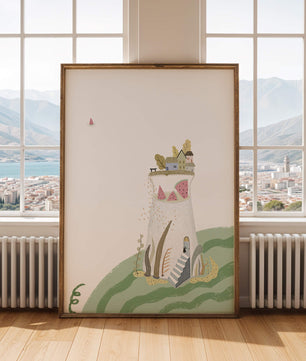 Whimsical Landscape with Fantasy Village and Watermelon Elements