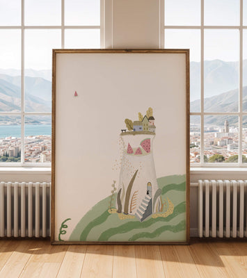 Whimsical Landscape with Fantasy Village and Watermelon Elements