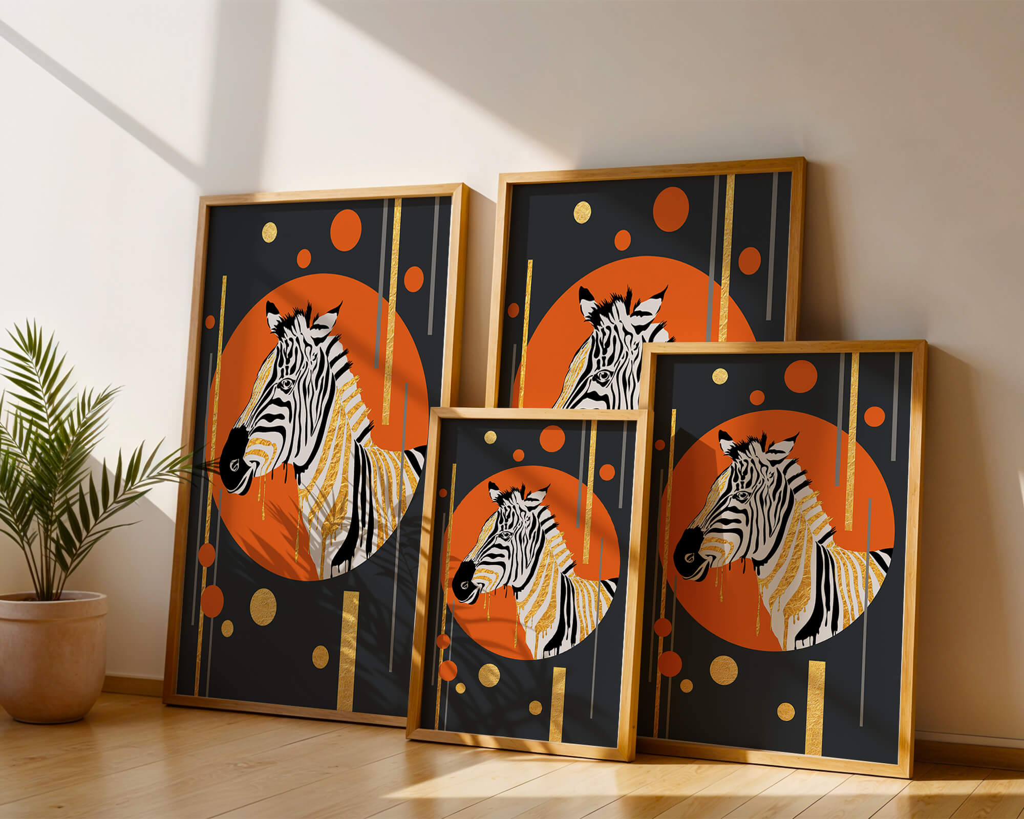 Modern zebra art with golden accents on abstract background
