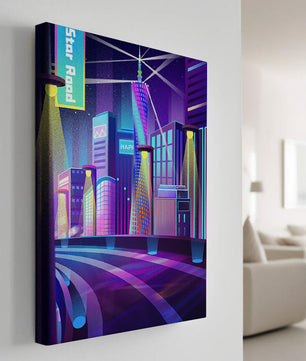 Futuristic Neon Cityscape with Illuminated Skyscrapers and Curved Road