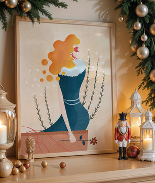 Woman with Floral Decor and Flowing Hair in Minimalist Art - Mi tienda