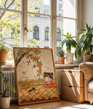 Charming illustration of a child with cats on a rooftop beneath a fruit tree