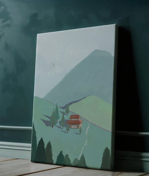 Ruhige Berglandschaft mit Haus und Bäumen