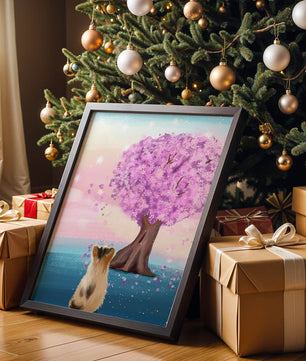 Serene scene with cat and blossoming cherry tree at sunrise