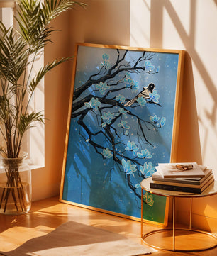 Blue Blossoms on Branch with Bird in Winter Scene