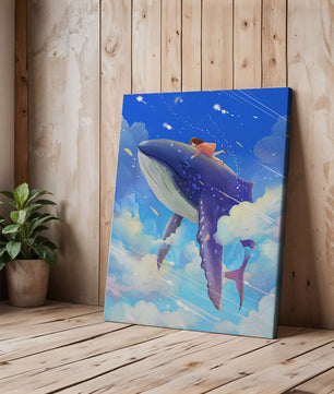 Illustration onirique d'une fille chevauchant une baleine à travers le ciel