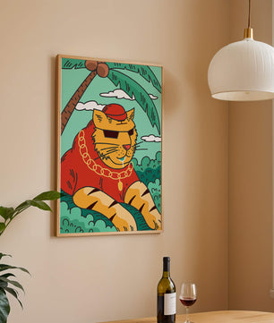 Stylish cartoon tiger lounging under a tropical palm tree with gold accessories