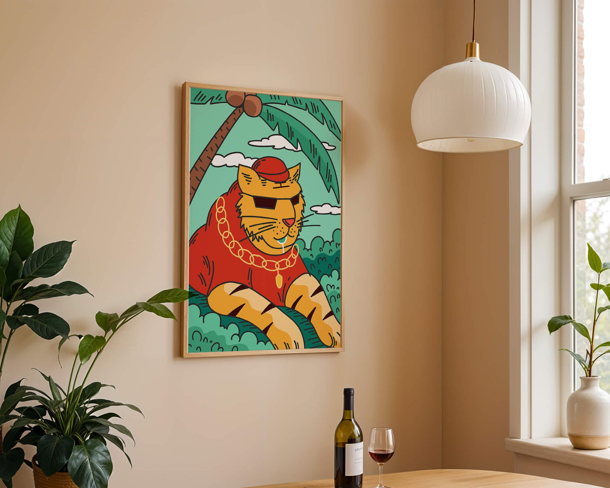 Stylish cartoon tiger lounging under a tropical palm tree with gold accessories
