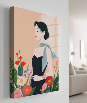 Elegant Woman with Floral Background and Scarf