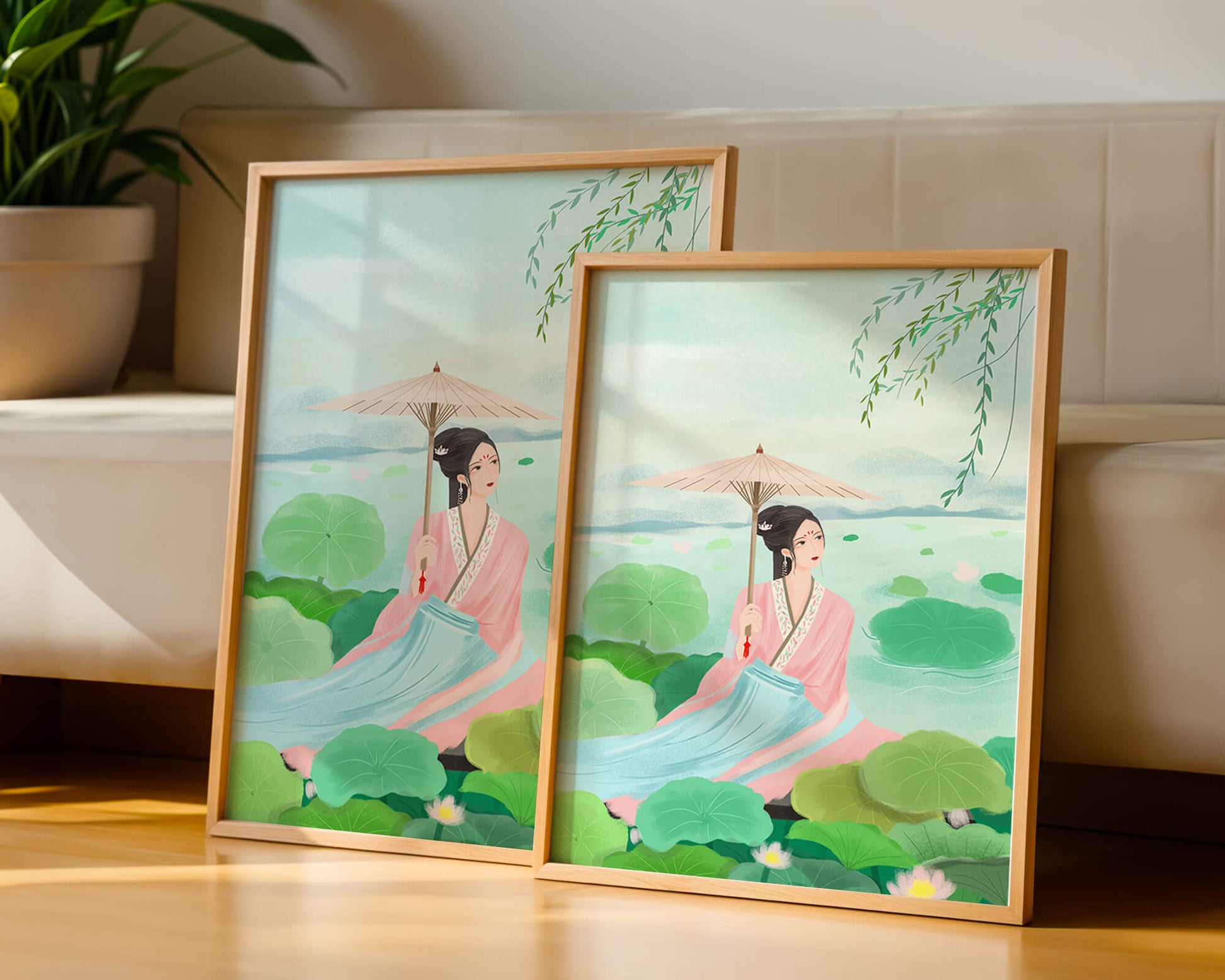 Elegant woman in traditional attire with umbrella surrounded by lotus leaves