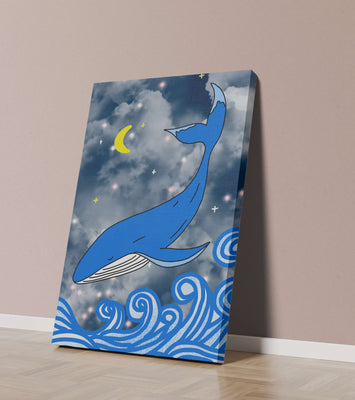 Whimsical blue whale in a starry night ocean scene