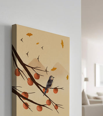 Bird Perched on Branch with Red Fruits and Flying Leaves
