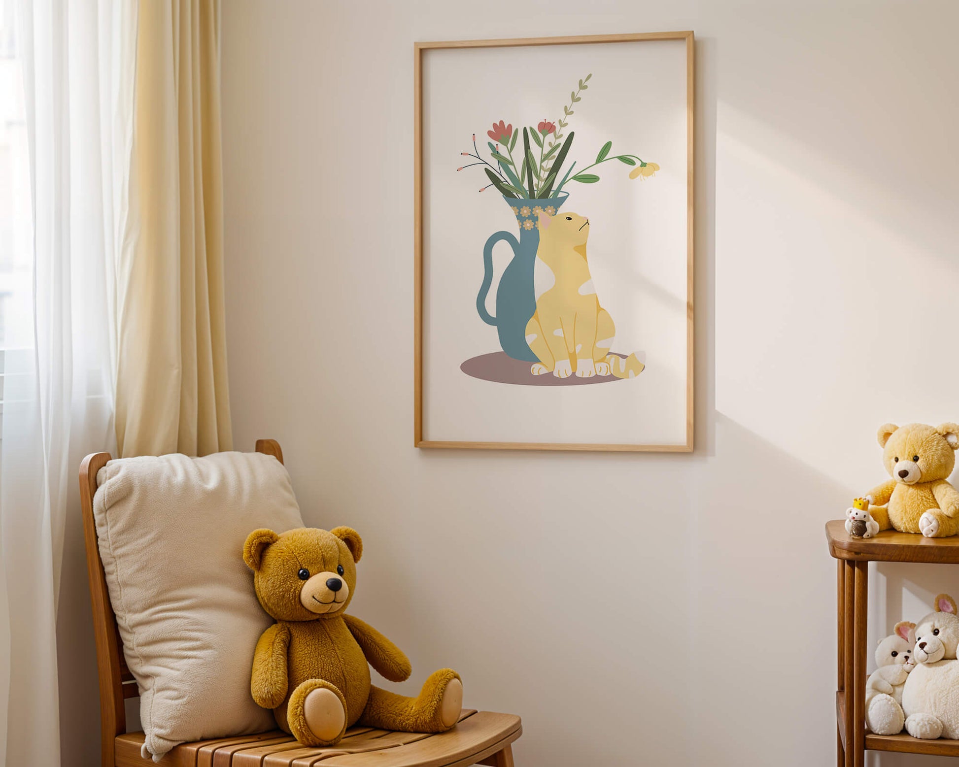Illustration of a cat sitting beside a floral vase