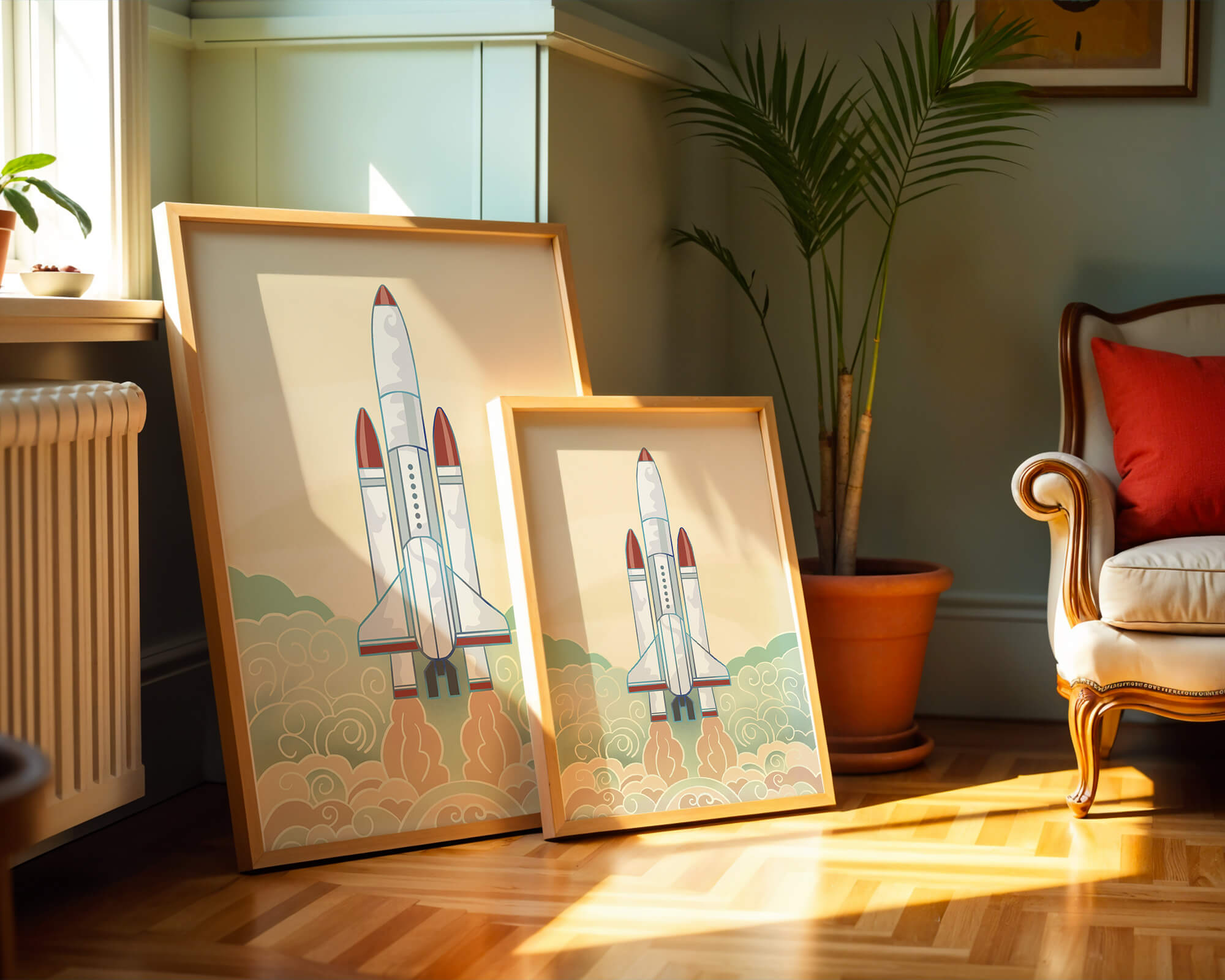 Colorful rocket launch from vintage-style clouds