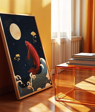Traditional Japanese koi fish art with moonlit waves and clouds