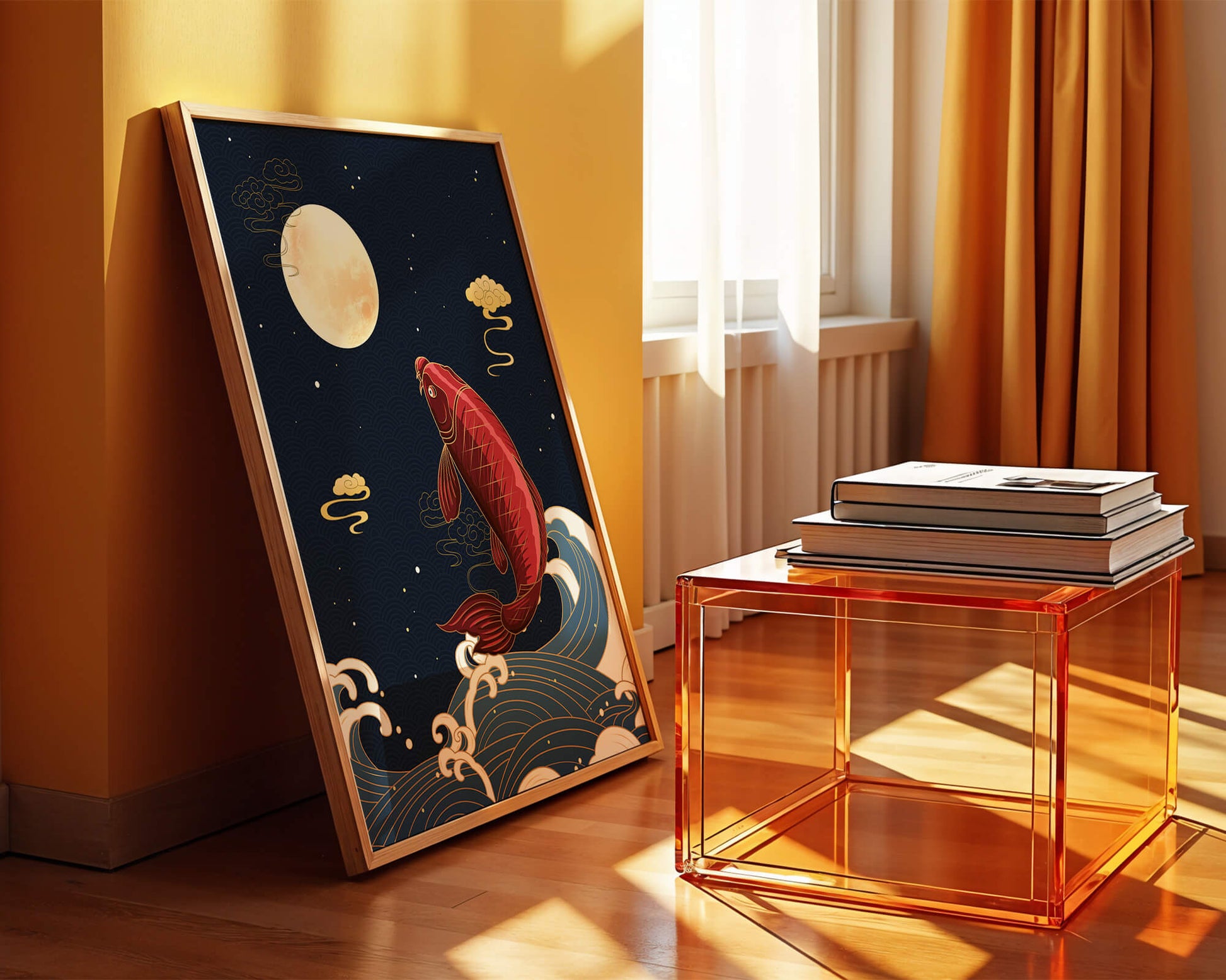 Traditional Japanese koi fish art with moonlit waves and clouds
