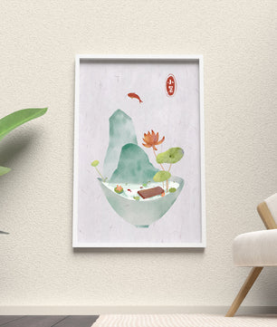 Paysage tranquille avec poissons, lotus et montagne dans un bol