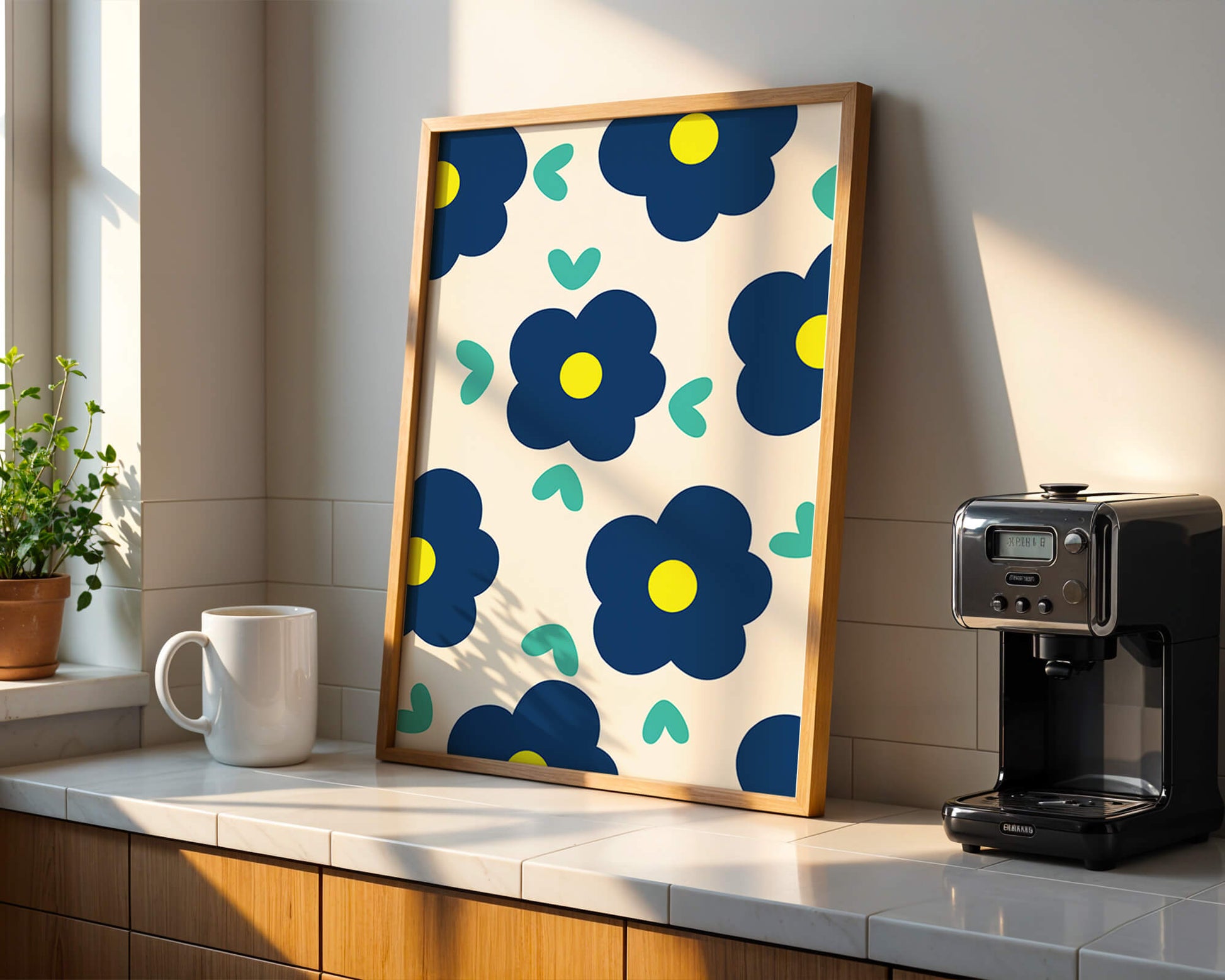 Blue floral pattern with yellow centers on cream background