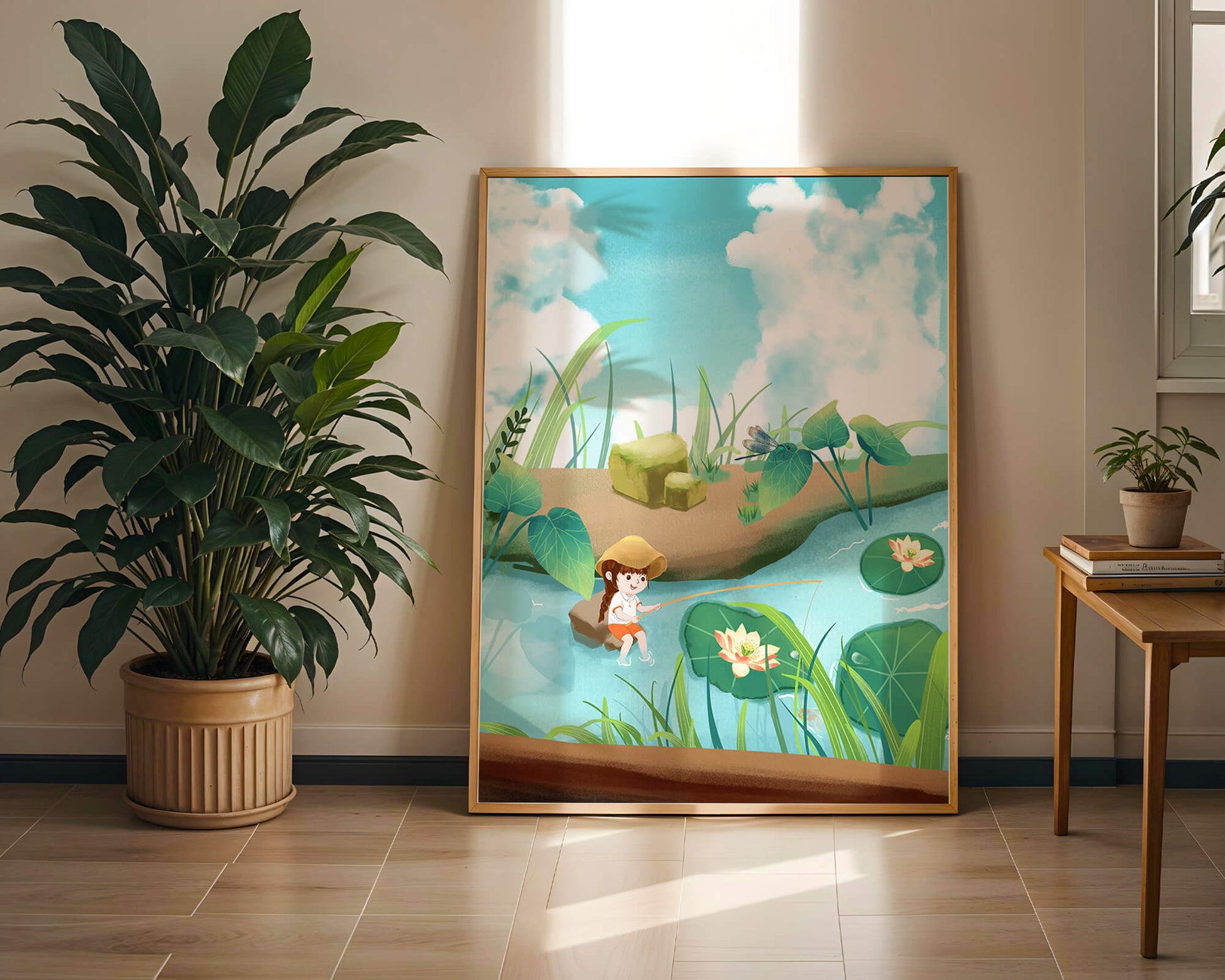Ruhige Illustration eines Kindes, das an einem Teich mit Seerosen angelt
