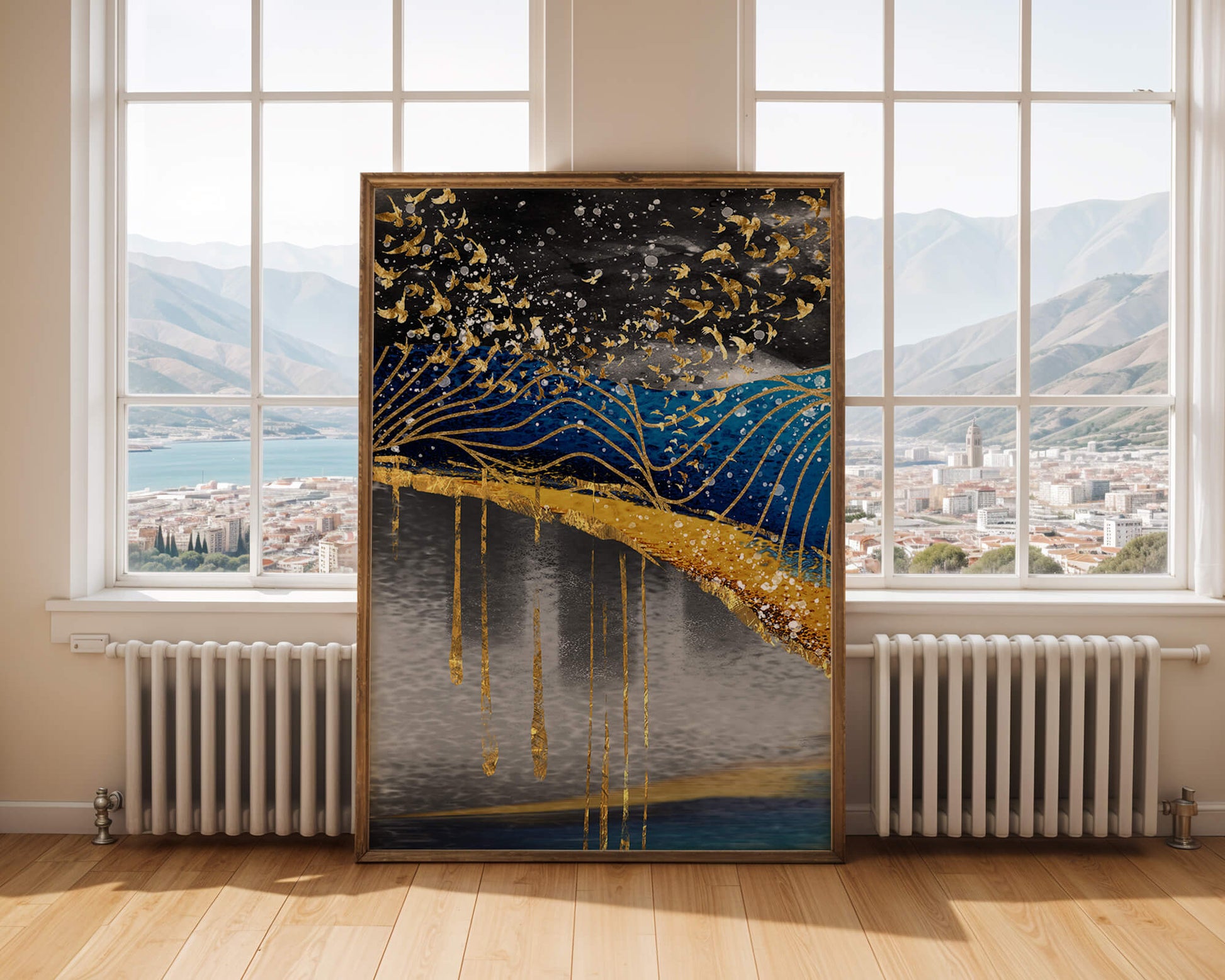 Abstract Night Sky With Golden Birds And Waves