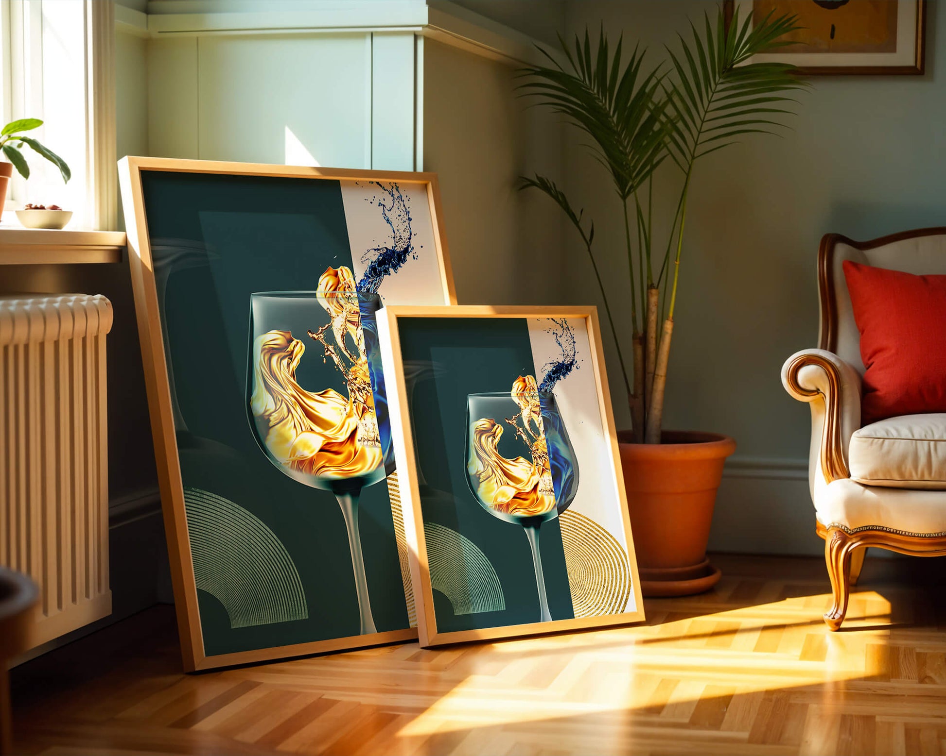 Fusión elegante de líquidos en una copa de vino con elementos dorados y azules