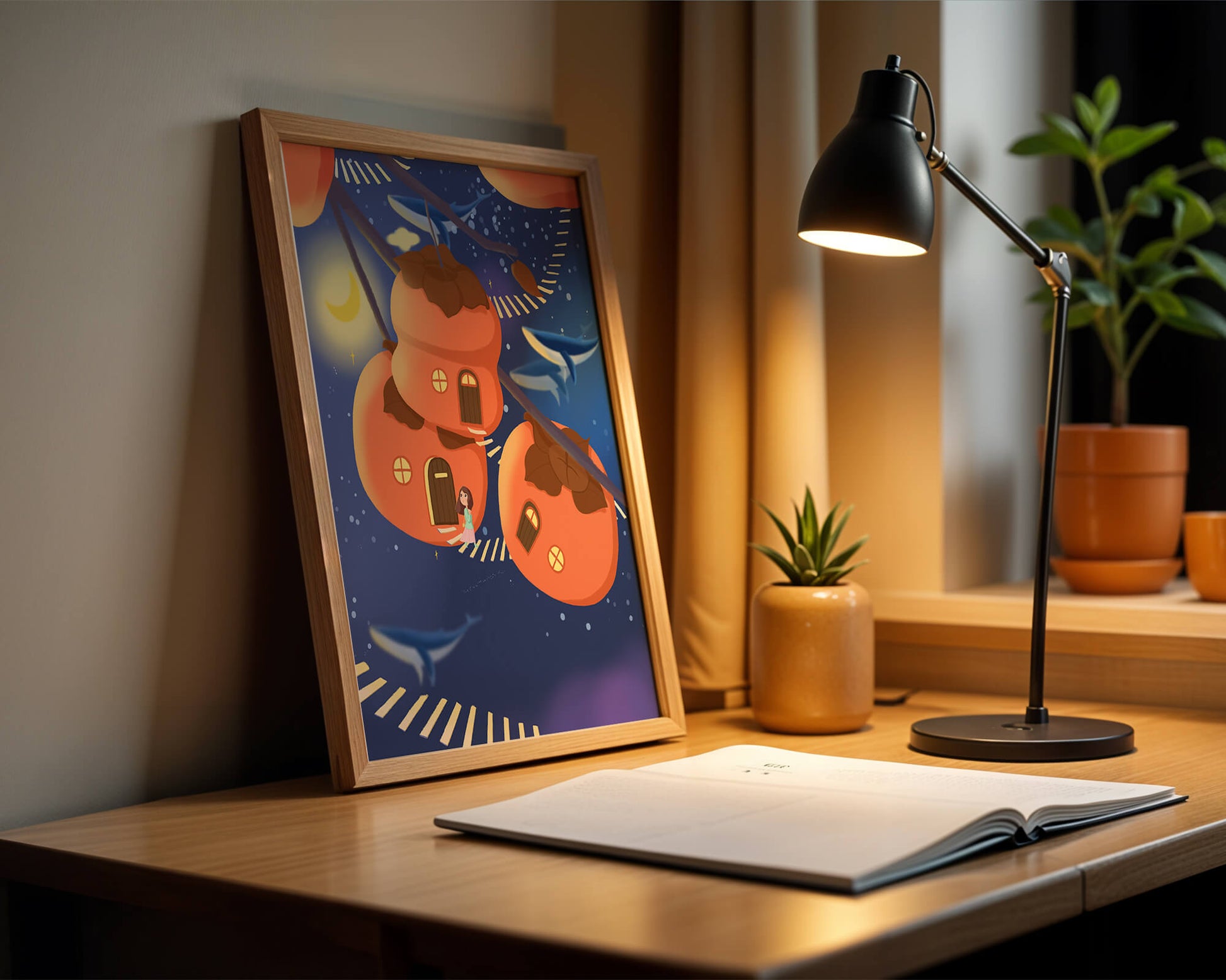 Whimsical night scene with floating persimmon houses and swimming whales