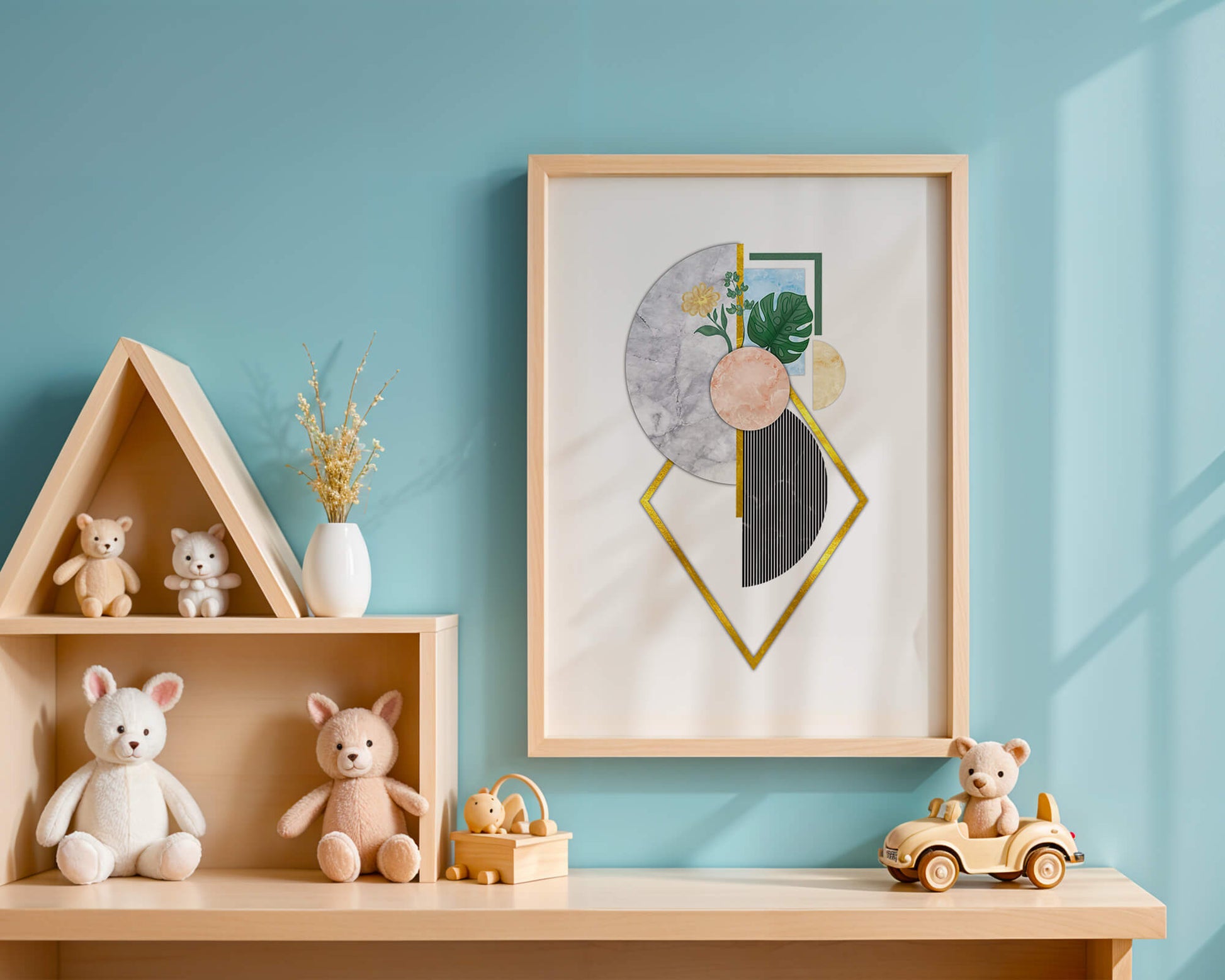 Abstract geometric art with floral and gold accents