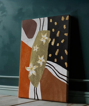 Abstract floral artwork with gold accents and earthy tones