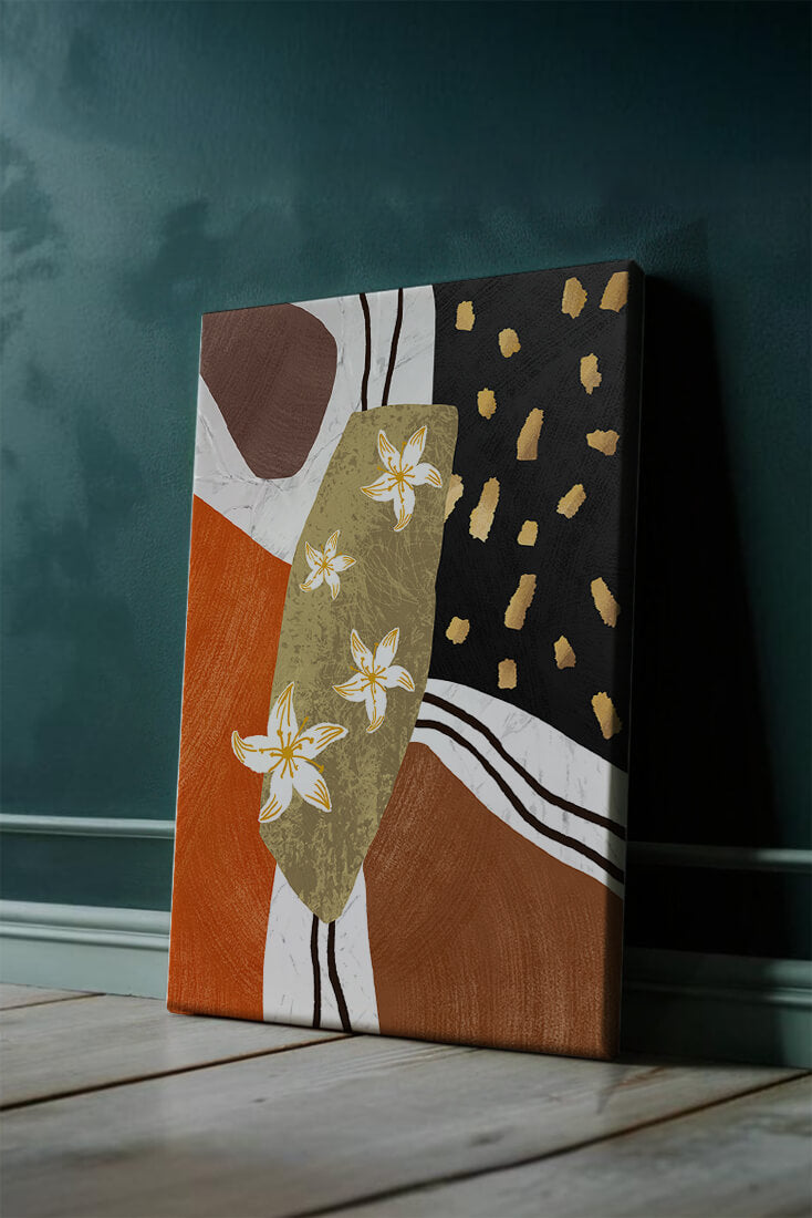 Abstract floral artwork with gold accents and earthy tones