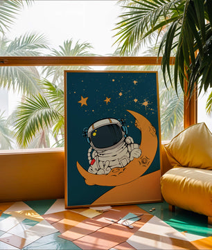 Charming Astronaut Sitting on a Crescent Moon with Stars in Space - Mi tienda