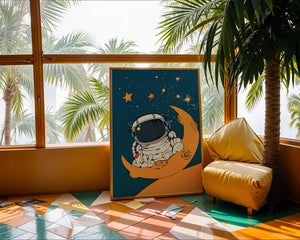Charming Astronaut Sitting on a Crescent Moon with Stars in Space - Mi tienda