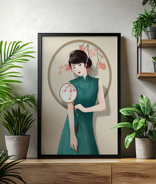 Elegante Illustration einer Frau in traditioneller Kleidung mit einem Fächer mit Kirschblüten