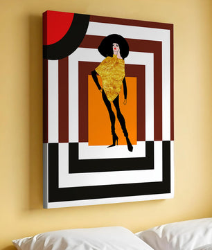 Ilustración de moda con figura en dorado y fondo geométrico