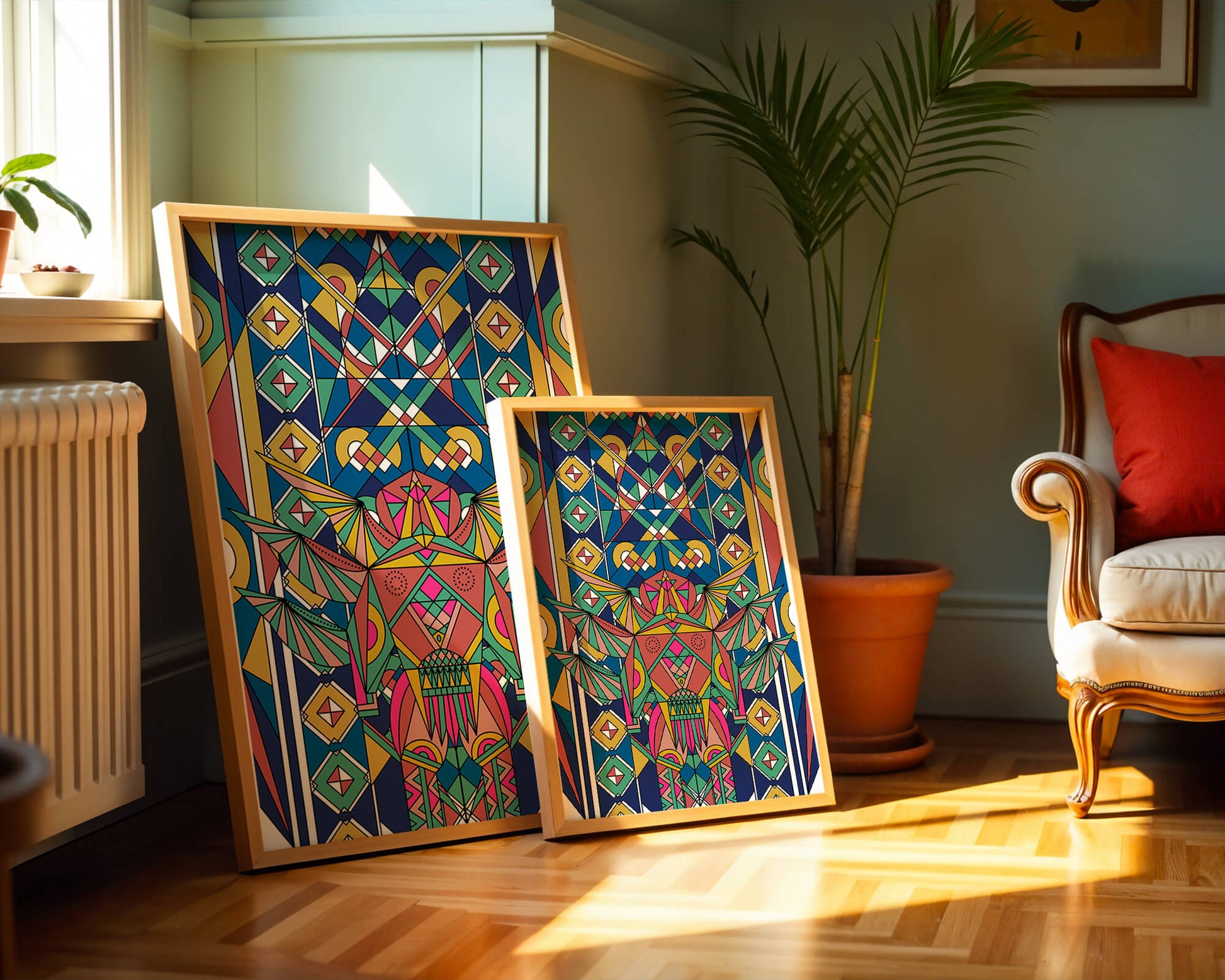 Arte abstracto geométrico colorido con patrones simétricos