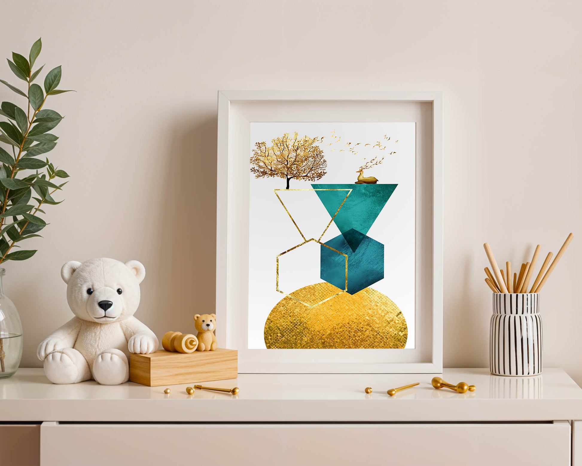 Abstract Geometric Composition with Golden Deer and Tree