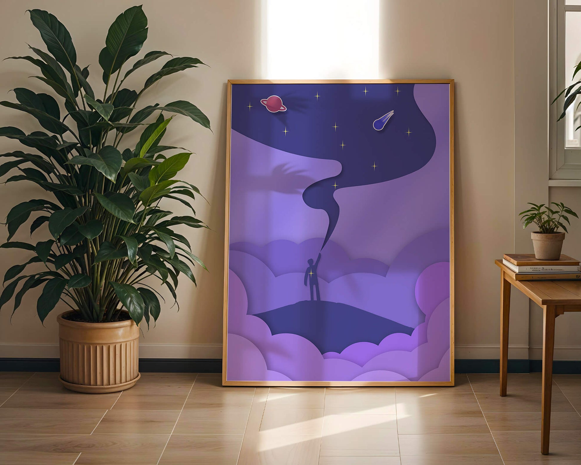 Silhouette in a cosmic landscape with stars and planets