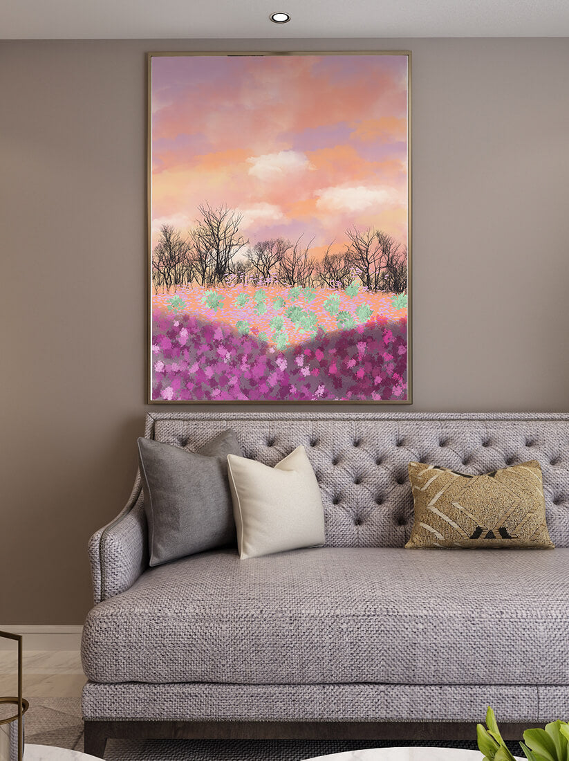 Paisaje sereno con campo floral vibrante y cielo pastel
