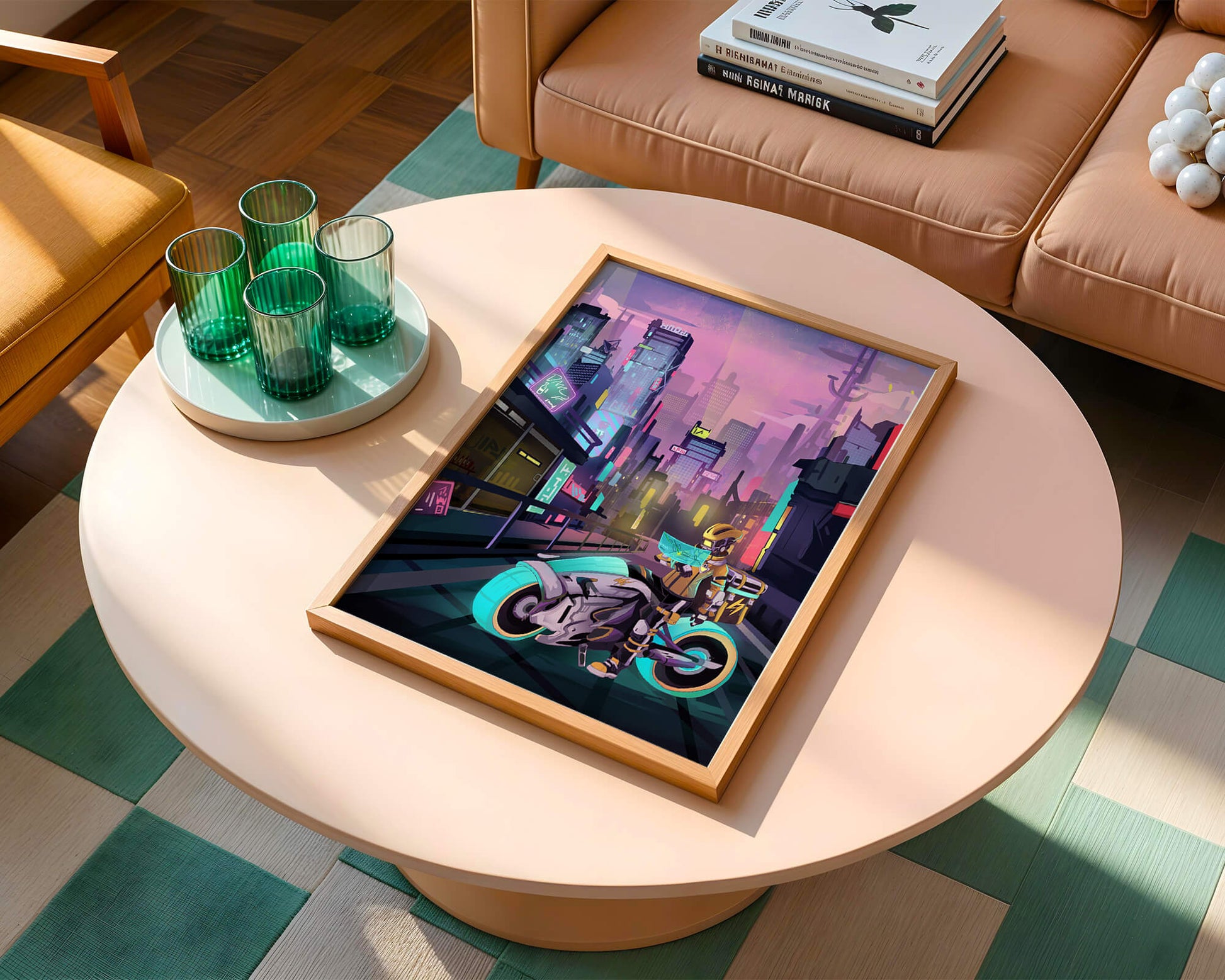 Futuristic Cyberpunk Cityscape with Neon Rider and Motorcycle