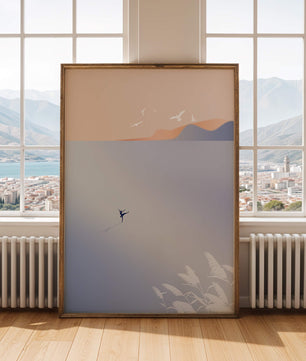 Serene Seaside with Dancer and Birds in Pastel Colors