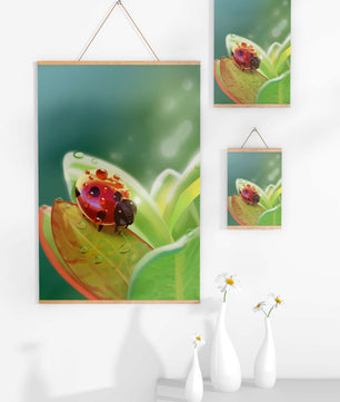 Ladybug on Leaf with Dew Drops in Serene Nature Setting - Mi tienda