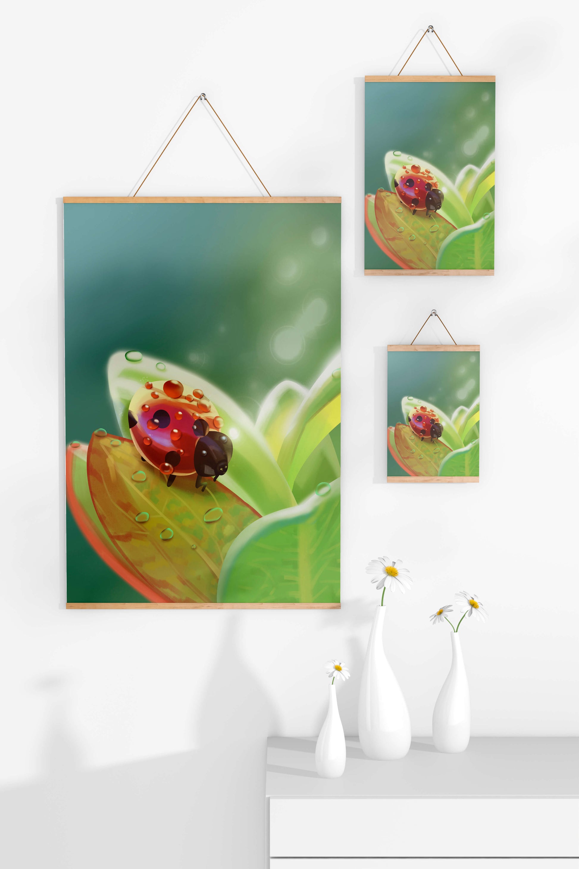 Ladybug on Leaf with Dew Drops in Serene Nature Setting